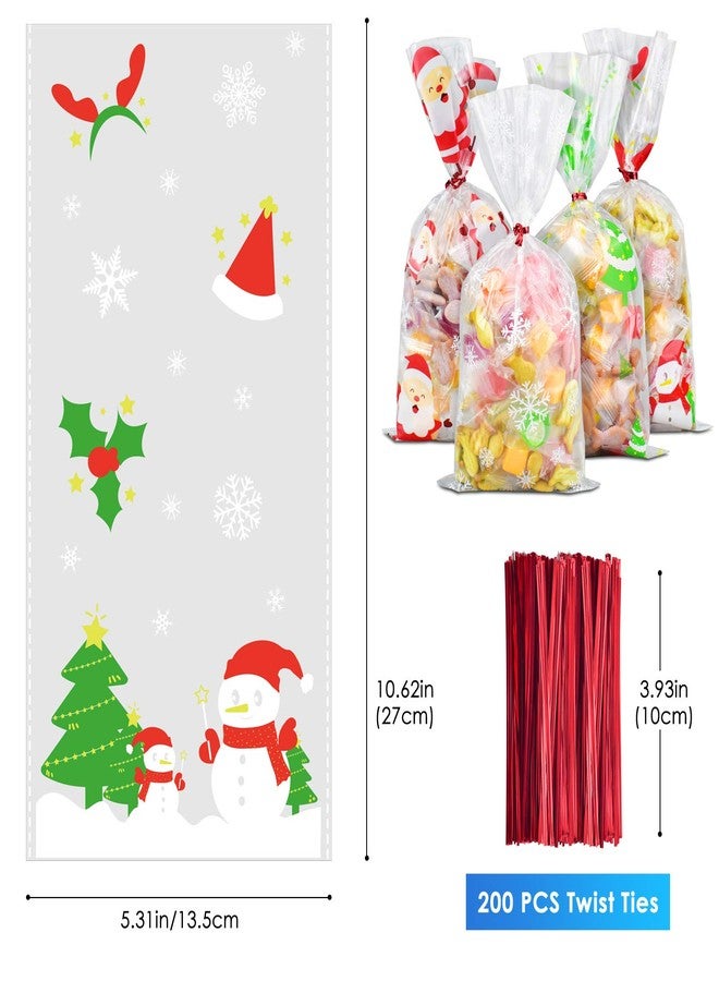 ERKOON 200 PCS Christmas Cellophane Treat Bags Clear Cookie Candy Goodie Bags Xmas Gift Bags with 250 PCS Twist Ties for Christmas Party Supplies (4 Styles) - Image 2